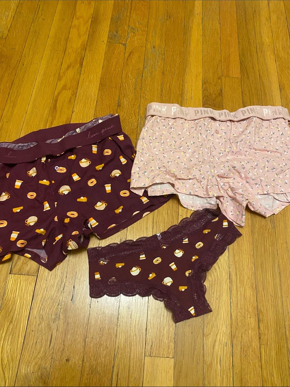 PINK BY VS NWT TWO SLEEP SHORTS AND ONE PANTY M COFFEE AND DONUTS
